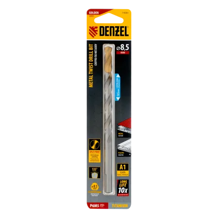 Сверло спиральное по металлу DENZEL 8,5 х 165 мм, Р6М5, Golden Tip, удлиненное