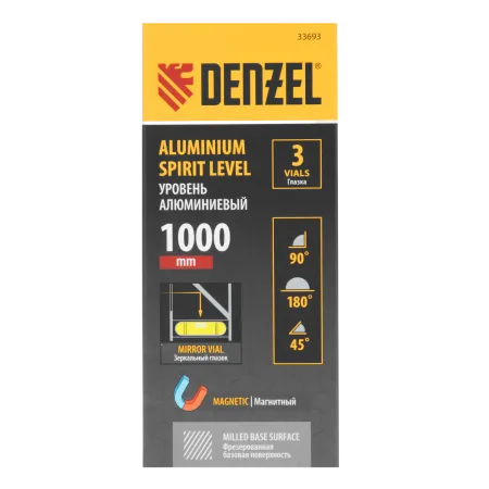 Уровень алюминиевый DENZEL магнит., фрезерованный, 3 глазка (1 зеркал.), 0,5 мм/м, 1000 мм
