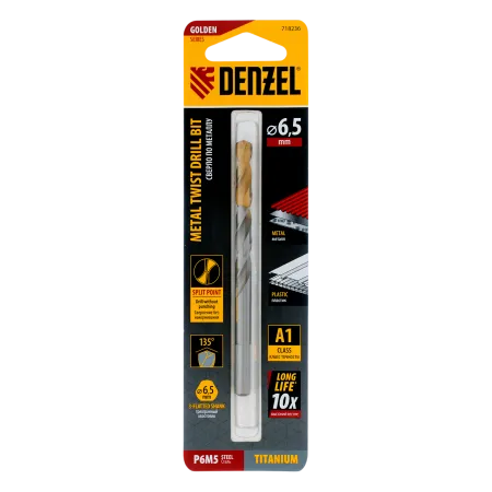 Сверло спиральное по металлу DENZEL 6,5 x 100 мм, Р6М5, Golden Tip