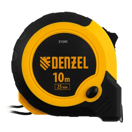 Рулетка DENZEL 10м х 25мм, двухкомп. корпус, кнопка-пауза