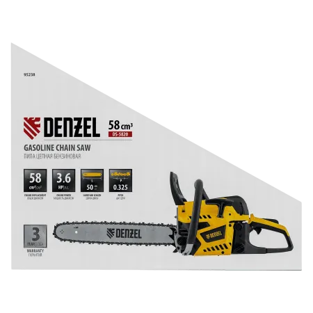 Пила цепная бензиновая DENZEL DS-5820, шина 50 см, 58 см3, 3.6 л.с, шаг 0,325, 76 звеньев