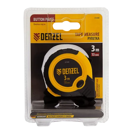 Рулетка DENZEL 3м х 13мм, двухкомп. корпус, кнопка-пауза