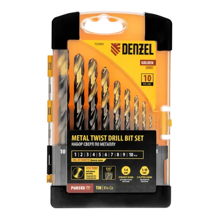 Набор сверл по металлу DENZEL, 1-10 мм, Р6М5К8-TiN, Golden Tip, 10 шт
