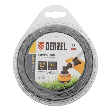 Леска для триммера DENZEL 96249 двухкомпонентная эллипс, 2,7мм х 15м, блистер EXTRA CORD