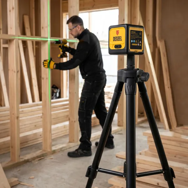 Лазерный уровень DENZEL DQB-T, 30 м, зеленый луч, батарейки, штатив
