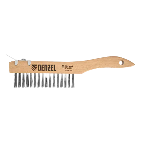Щетка зачистная 4-х рядная DENZEL, проволока из нержавеющей стали с деревянной ручкой скребок, EFP
