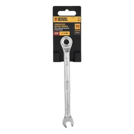 Ключ комбинированный трещоточный DENZEL, 7 мм, CrV, матовый хром