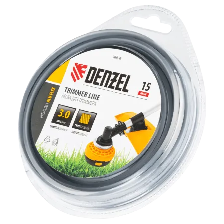 Леска для триммера DENZEL армированная алюминием квадратная, 3,0мм х 15м, блистер ALUFLEX
