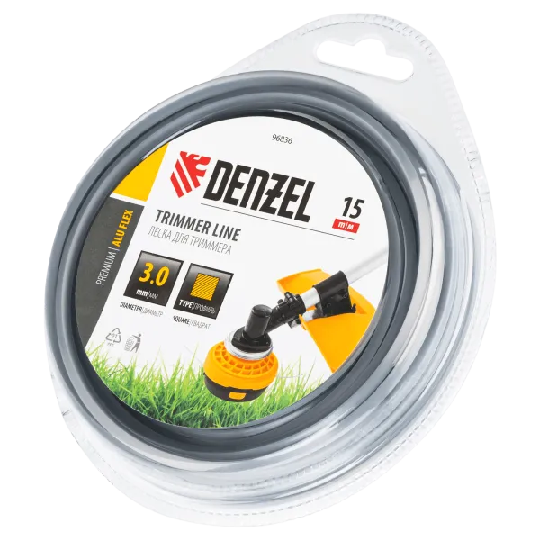 Леска для триммера DENZEL армированная алюминием квадратная, 3,0мм х 15м, блистер ALUFLEX