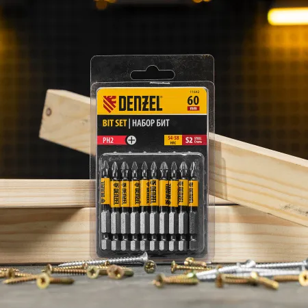 Бита DENZEL PH2х60, сталь S2, цилиндр., 10 шт. Е 6,3