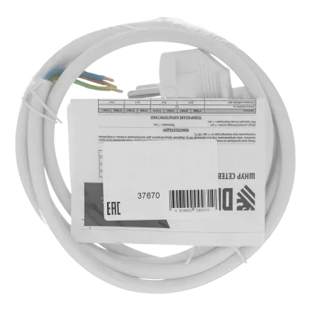 Шнур сетевой Energy Series DENZEL, ПВС, 1,5 м, 3 x 1,5 мм, с неразборной вилкой, белый