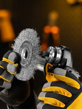 Щетка для УШМ DENZEL 746563, 125 мм, «плоская», витая нержавеющая проволока 0.3 мм, посадка 22.2 мм