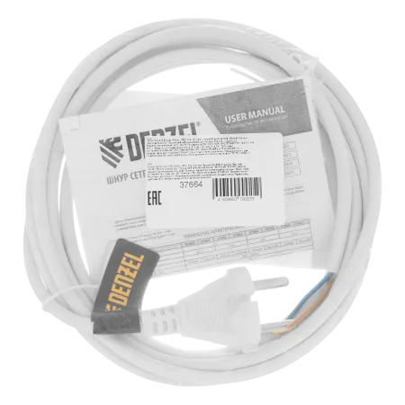 Шнур сетевой Energy Series DENZEL, ПВС, 3 м, 2 x 1 мм, с неразборной вилкой, белый