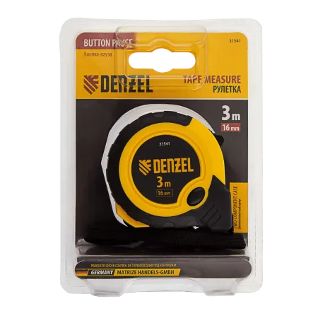 Рулетка DENZEL 3м х 16мм, двухкомп. корпус, кнопка-пауза