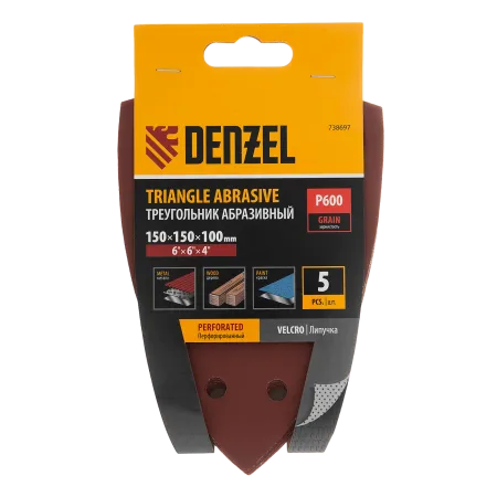Треугольник абразивный на ворc. подложке под "липучку", перф., P 600, 150х150х100 мм, 5 шт. Denzel