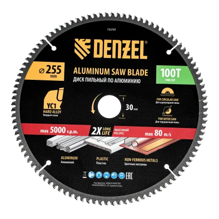 Пильный диск по алюминию DENZEL ф255 х 30 мм, 100 зубьев