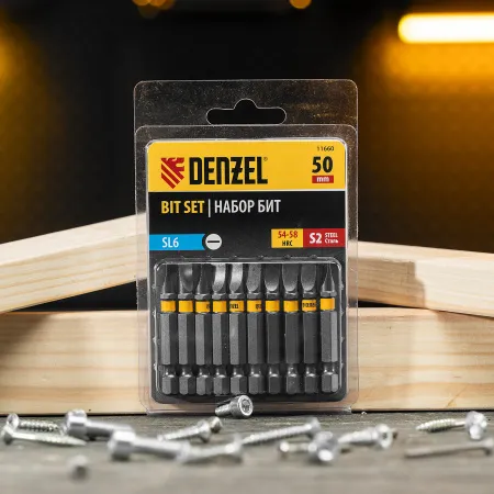 Бита DENZEL SL6,0х50, сталь S2, шестигранный профиль, 10 шт. Е 6,3
