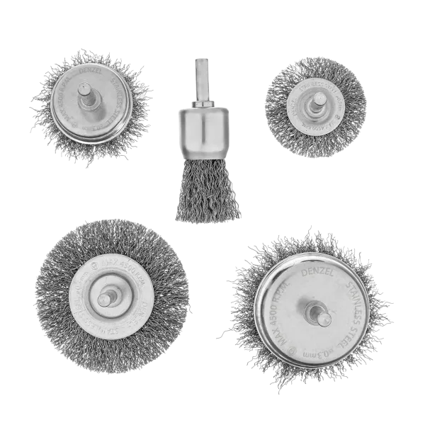 Набор щеток для дрели DENZEL, 2 Плоские 50-75мм, 3 Чашки 25-50-75мм, шпилька,  нерж.вит. проволока