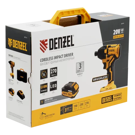 Винтоверт ударный аккумуляторный бесщет. DENZEL CIDH-BL-20-270, Li-Ion, 20 В