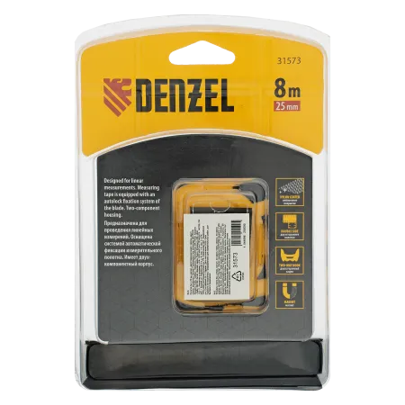 Рулетка DENZEL 8м x 25 мм, магнит, двухсторонний зацеп, нейлон, двуст. шкала, автоматич