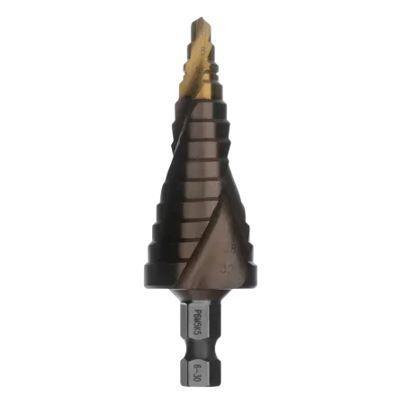 Сверло ступенчатое DENZEL, 6-8-10-12-14-16-18-20-22-24-26-28-30мм, Р6М5К5, 6-гр. хвостовик