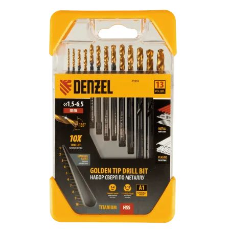 Набор сверл по металлу DENZEL 1,5-6,5 мм, HSS-Tin, Golden Tip, 13 шт