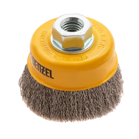 Щетка для УШМ DENZEL 746043, 75 мм, «чашка», витая нержавеющая проволока 0.3 мм, М14
