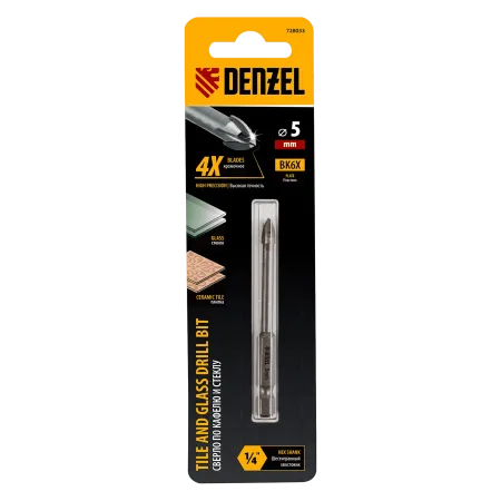 Сверло по керамической плитке DENZEL 5 мм, крестовая пластина, шестигранный хвостовик