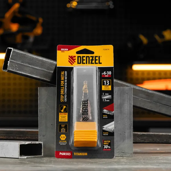 Сверло ступенчатое DENZEL, 6-8-10-12-14-16-18-20-22-24-26-28-30мм, Р6М5К5, 6-гр. хвостовик