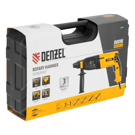 Перфоратор электрический DENZEL RHB-800-26, SDS-plus, 800 Вт, 3 Дж, 4 реж.