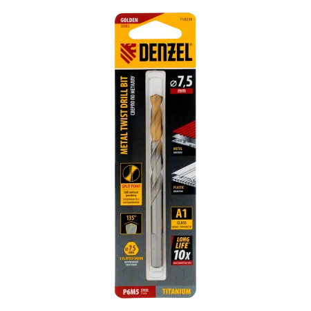 Сверло спиральное по металлу DENZEL 7,5 x 109 мм, Р6М5, Golden Tip