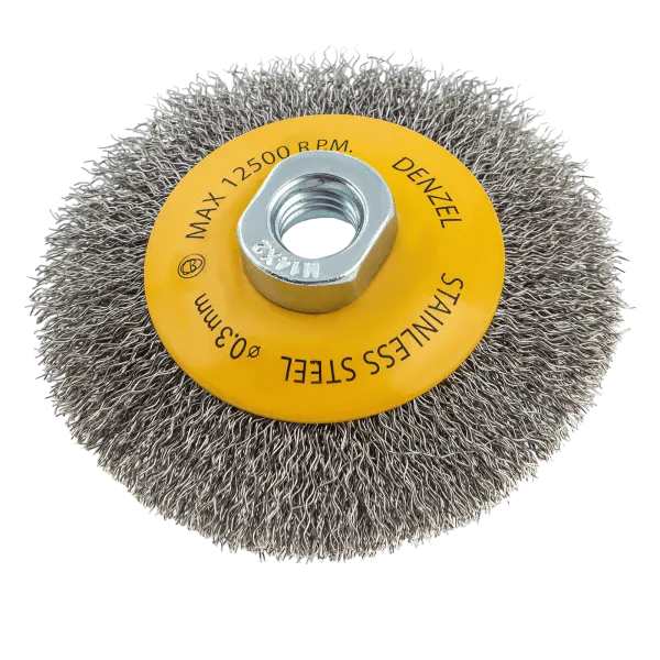Щетка для УШМ DENZEL 746083, 100 мм, «тарелка», витая нержавеющая проволока 0.3 мм, М14