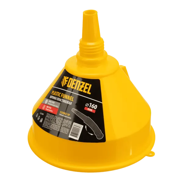 Воронка пластиковая DENZEL 160 мм с металлическим ситом, непроливайкой и гибким наконечником