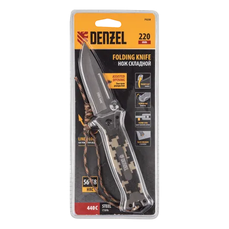 Нож складной DENZEL многоцелевой, системы Liner-Lock, с накладкой G10 на прямой рук-ке+стеклобой
