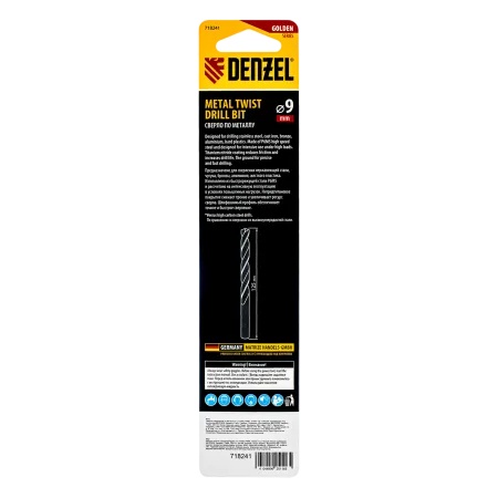 Сверло спиральное по металлу DENZEL 9 x 125 мм, Р6М5, Golden Tip