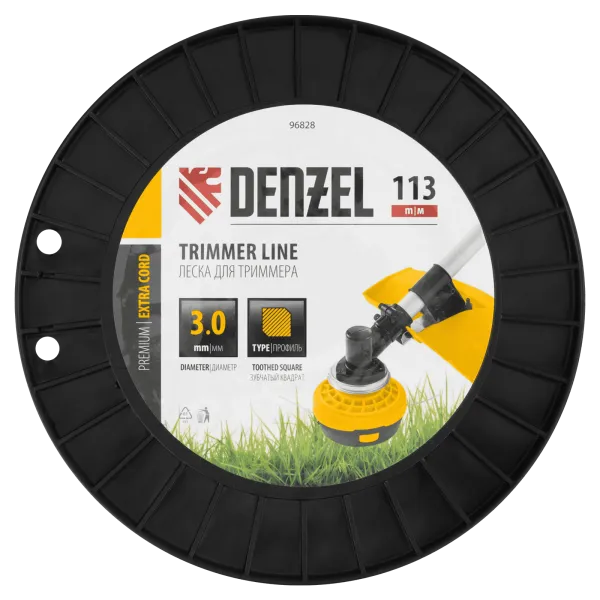Леска для триммера DENZEL двухкомпонентная зубчатый квадрат, 3,0мм х 113м, на DIN кат. EXTRA CORD
