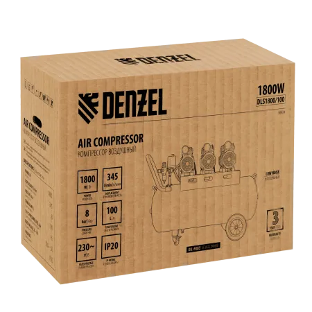 Компрессор безмасляный, малошумный DENZEL DLS 1800/100,1800 Вт, 3x600, 100 л, 345 л/мин