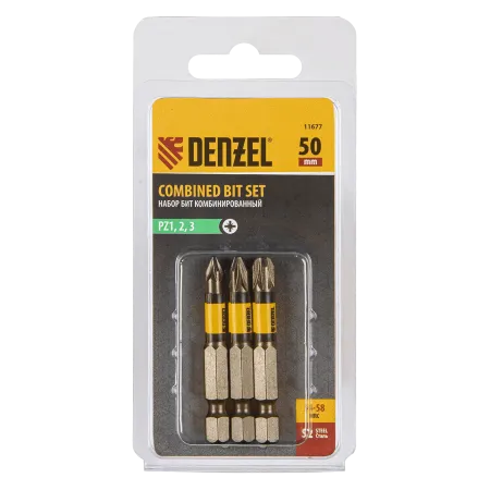 Набор бит комбинированный DENZEL 3 шт., PZ1, PZ2, PZ3, 50 мм, сталь S2
