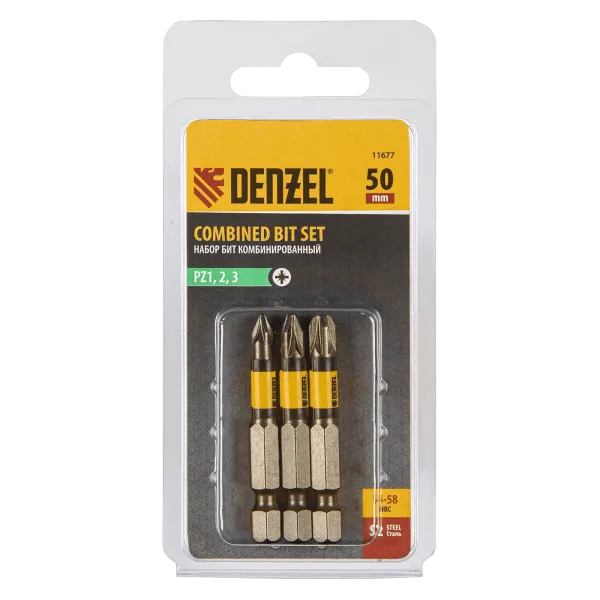 Набор бит комбинированный DENZEL 3 шт., PZ1, PZ2, PZ3, 50 мм, сталь S2
