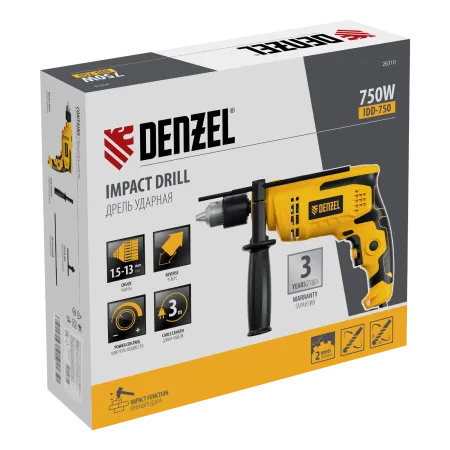 Дрель ударная DENZEL IDD-750, 750 Вт, 0-3000 об/мин, 48000 уд/мин