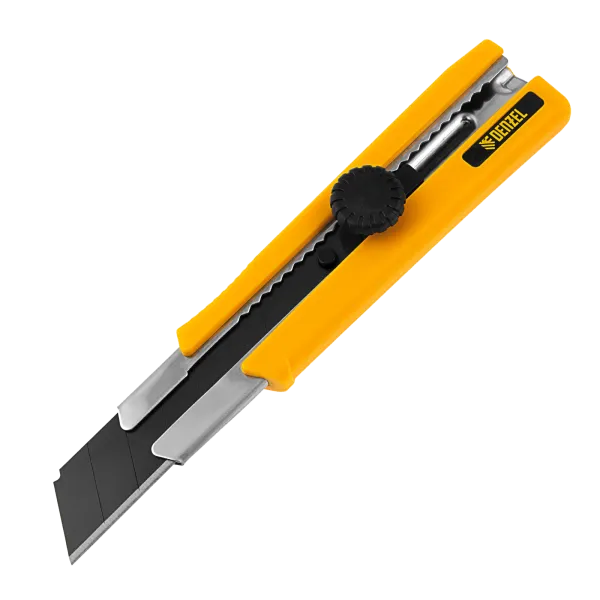 Нож DENZEL 25 мм, сменное лезвие, SK4, корпус из TPR, метал. направляющая, винтовой фиксатор