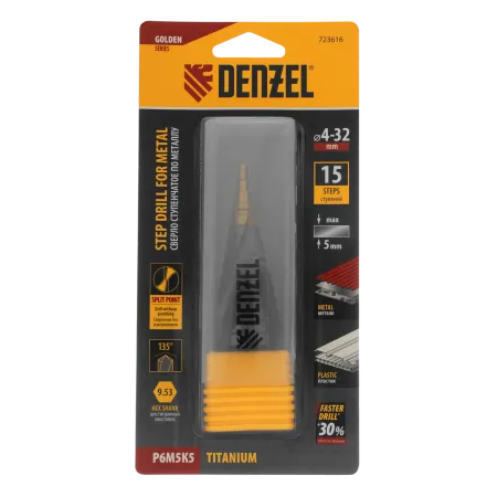 Сверло ступенчатое DENZEL, 4-6-8-10-12-14-16-18-20-22-24-26-28-30-32 мм, Р6М5К5, 6-гр. хвостовик