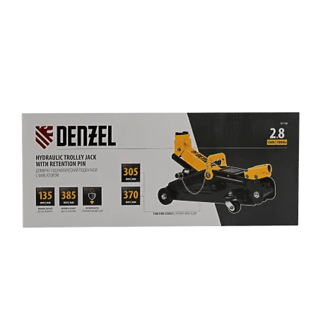 Домкрат гидравлический DENZEL подкатной с фиксатором, 2,8 т, 135-385 мм, в кейсе
