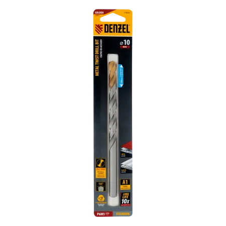 Сверло спиральное по металлу DENZEL 10 х 184 мм, Р6М5, Golden Tip, удлиненное