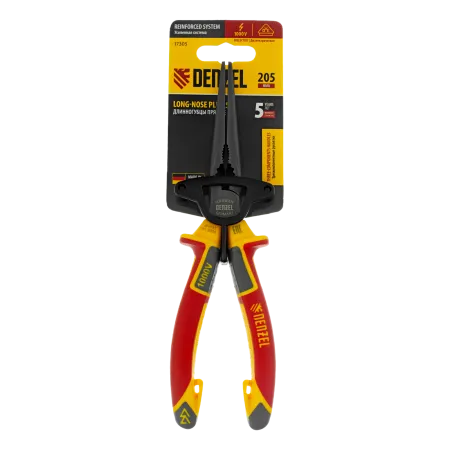 Длинногубцы прямые DENZEL диэлектрические рукоятки до 1000 В, трехкомпонентные рукоятки, 205мм