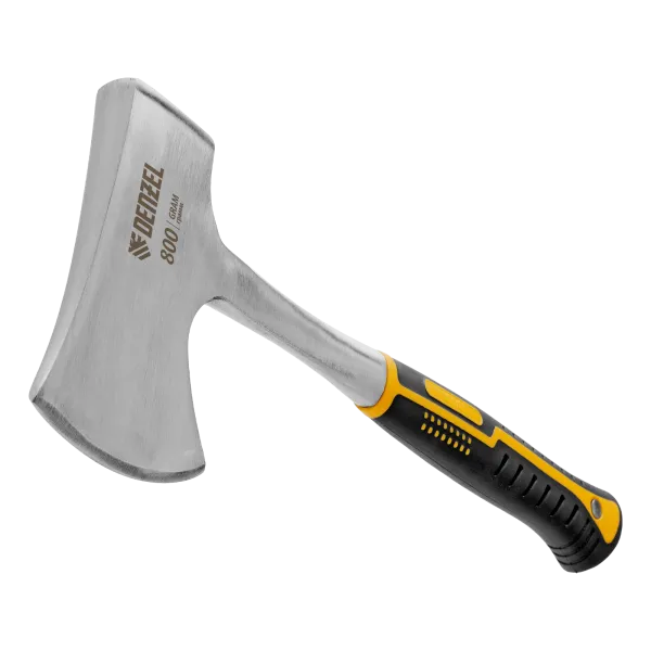 Топор цельнометаллический DENZEL, 800 г, двухкомпонентная обрезиненная рукоятка, прямой хват