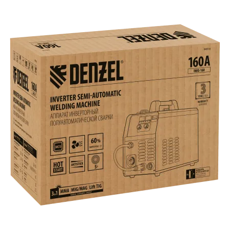 Аппарат инвертор. полуавтомат. cварки DENZEL IMIG-160 Synergy, 160 А, ПВ 60%, катушка 5 кг