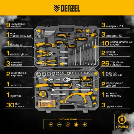 Набор инструментов DENZEL 1/2", 1/4", CrV, S2, пластиковый кейс, 100 предметов