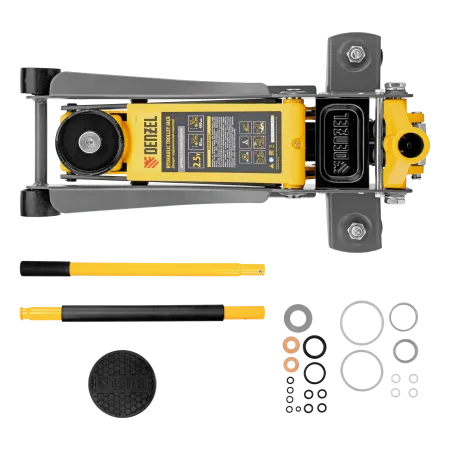 Домкрат гидравлический подкатной DENZEL 2,5 т, 85-430 мм, быстрый подъем, низкий подхват, проф./