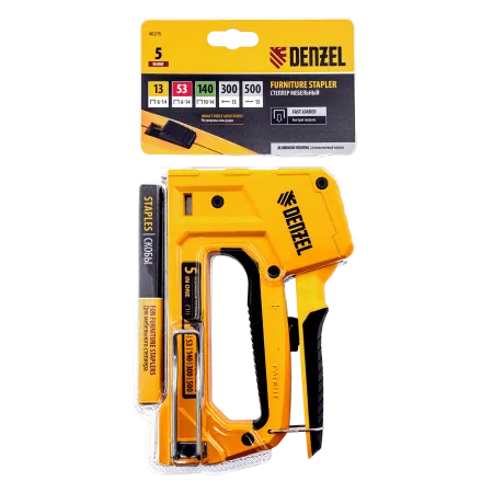 Степлер мебельный DENZEL тип 53 и 13, 6-14мм, тип 140, 10-14мм, тип 300, 15мм, тип 500, 15мм